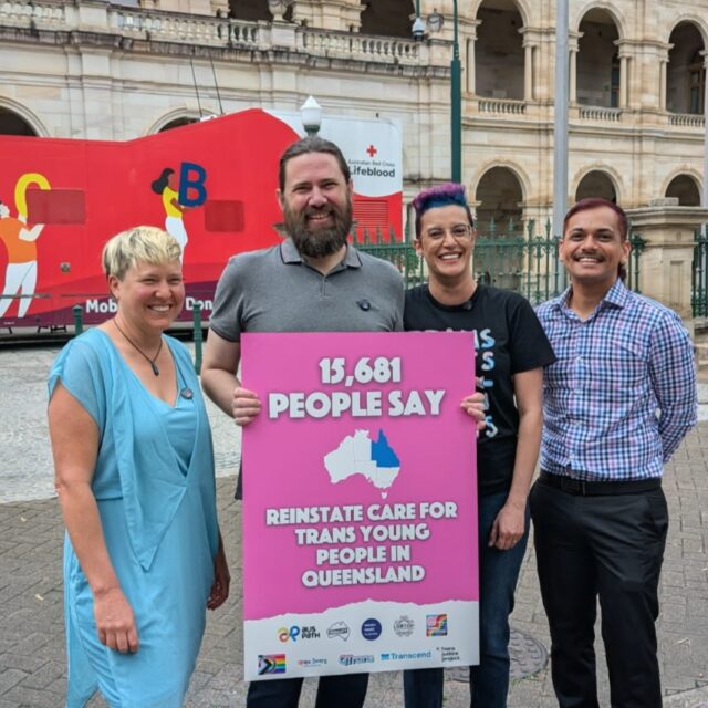 Today our team joined other LGBTIQA+ health, welfare and advocacy organisations at Parliament House in Meanjin. We came together to present Parliament with a petition of 15,681 signatures, urgently calling for the reinstatement of gender-affirming care for young people.  For more information about your rights, or about how you can support our work, call LGBTI Legal Service on (07) 3124 7160, or visit us at www.lgbtilegalservice.org.au